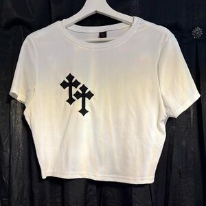 White Crop Top with Black Cross Design